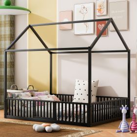 Full Size Metal House Bed With Fence And Door, Black