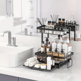 Organizer 2 Tier Slide Out Under Sink Shelf Cabinet Storage Shelf Under Sink Storage For Kitchen Bathroom Metal L-Shape