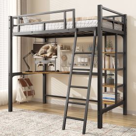 Twin Size Loft Bed With Desk And Stairs, Black Twin Loft Bed With Storage Shelves For Kids Juniors Teens Adullts, Heavy Duty Metal Bunk Bed With Guard