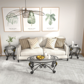 Tempered Glass Surface Coffee Table Set Of 3, Decor Elliptical Coffee Table With Round End Side Tables, Bedroom Coffee Table With Sturdy Construction